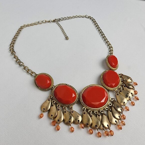 GOLD Tone Red Dangle Statement Necklace - Picture 2 of 7